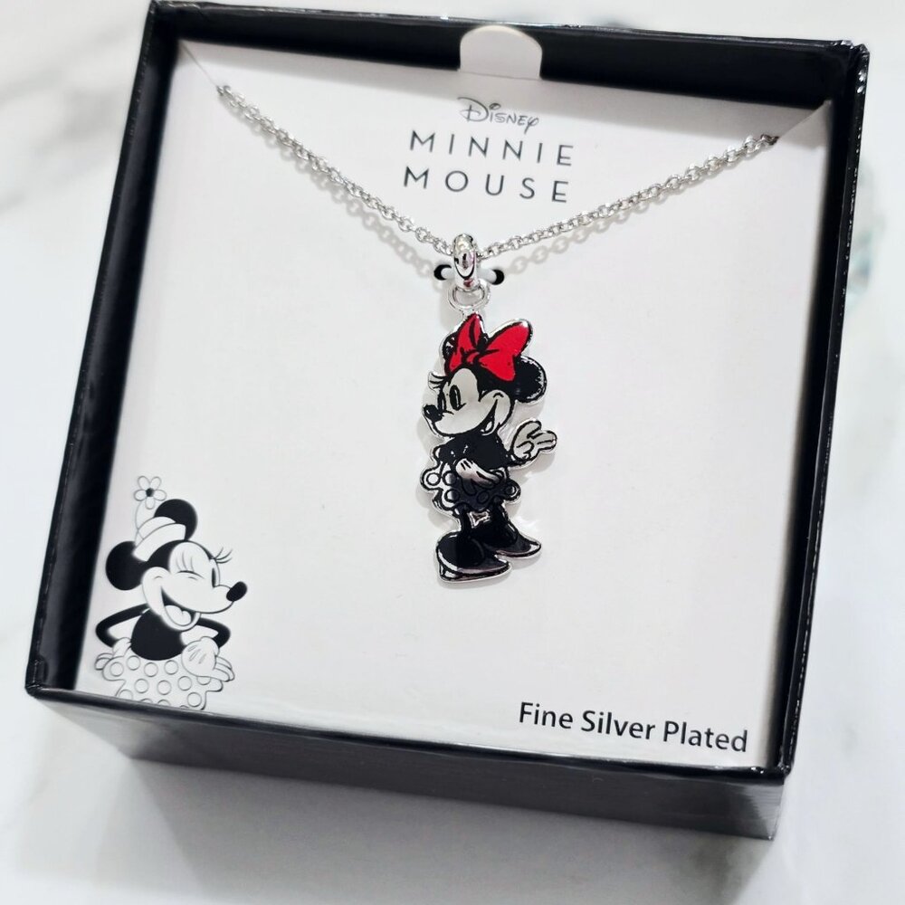Disney Minnie Mouse Fine Silver Plated Red Bow Pendant Charm Necklace NWT - Picture 4 of 7